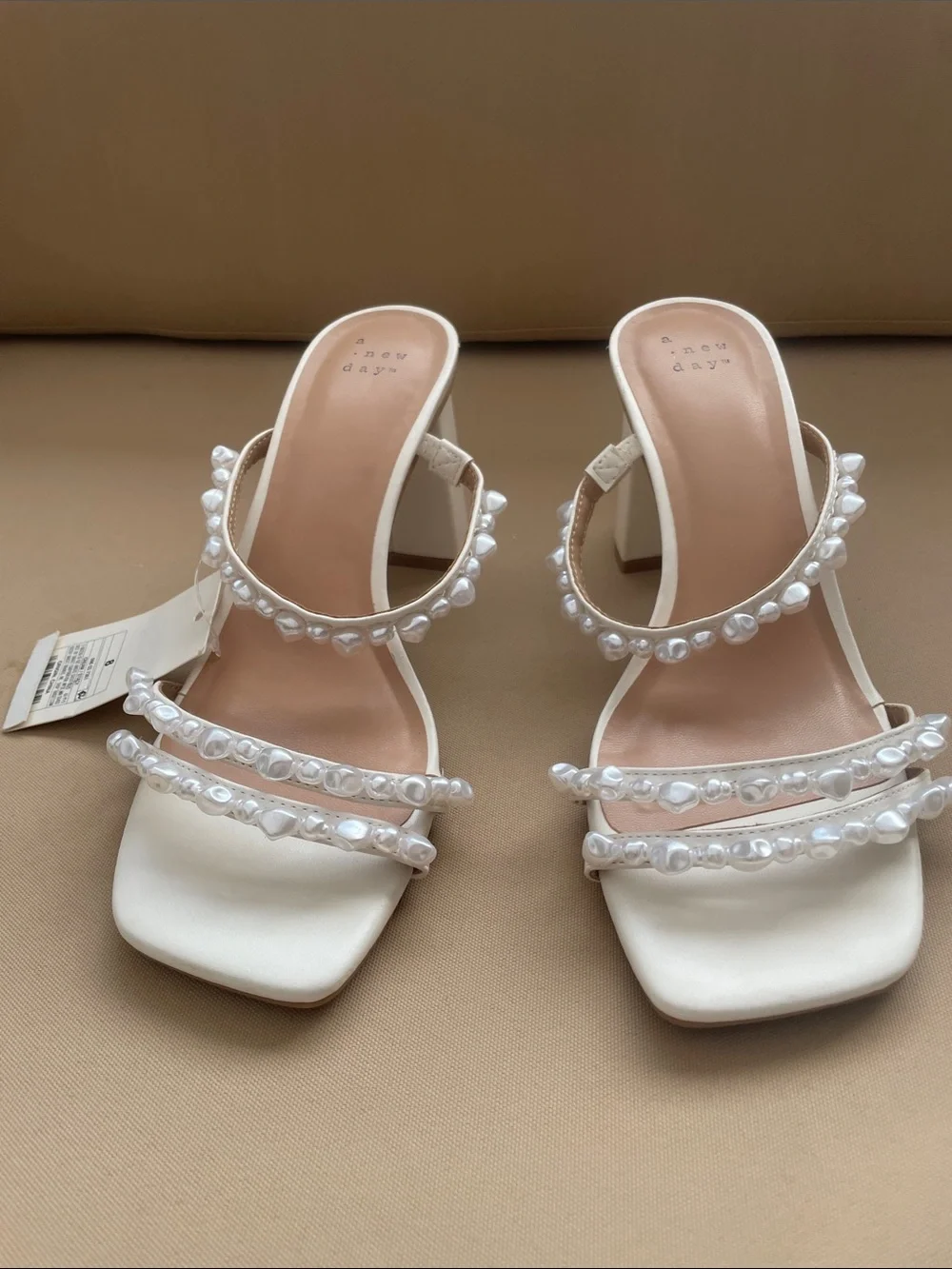 a new day Pearl-Embellished Cream Strappy Mules